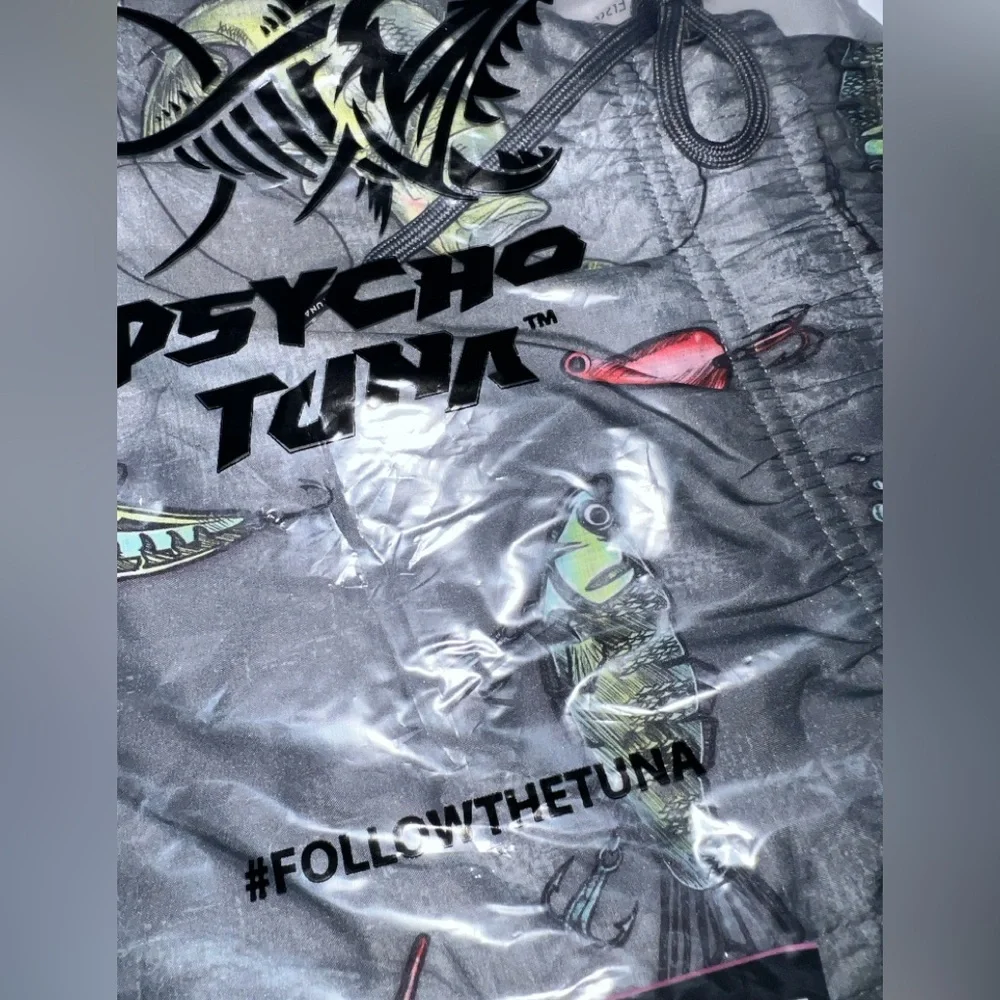 NWT Psycho Tuna Medium Reel Em In Fish Charcoal Print Board Shorts Swim Trunks‎
